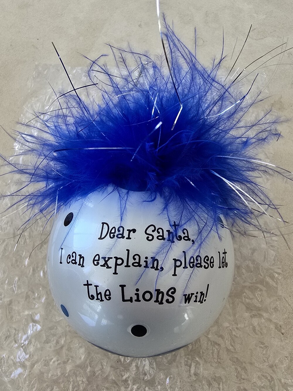 Detroit Lions Playful 'Dear Santa' Glass Holiday Ornament - Blue And White